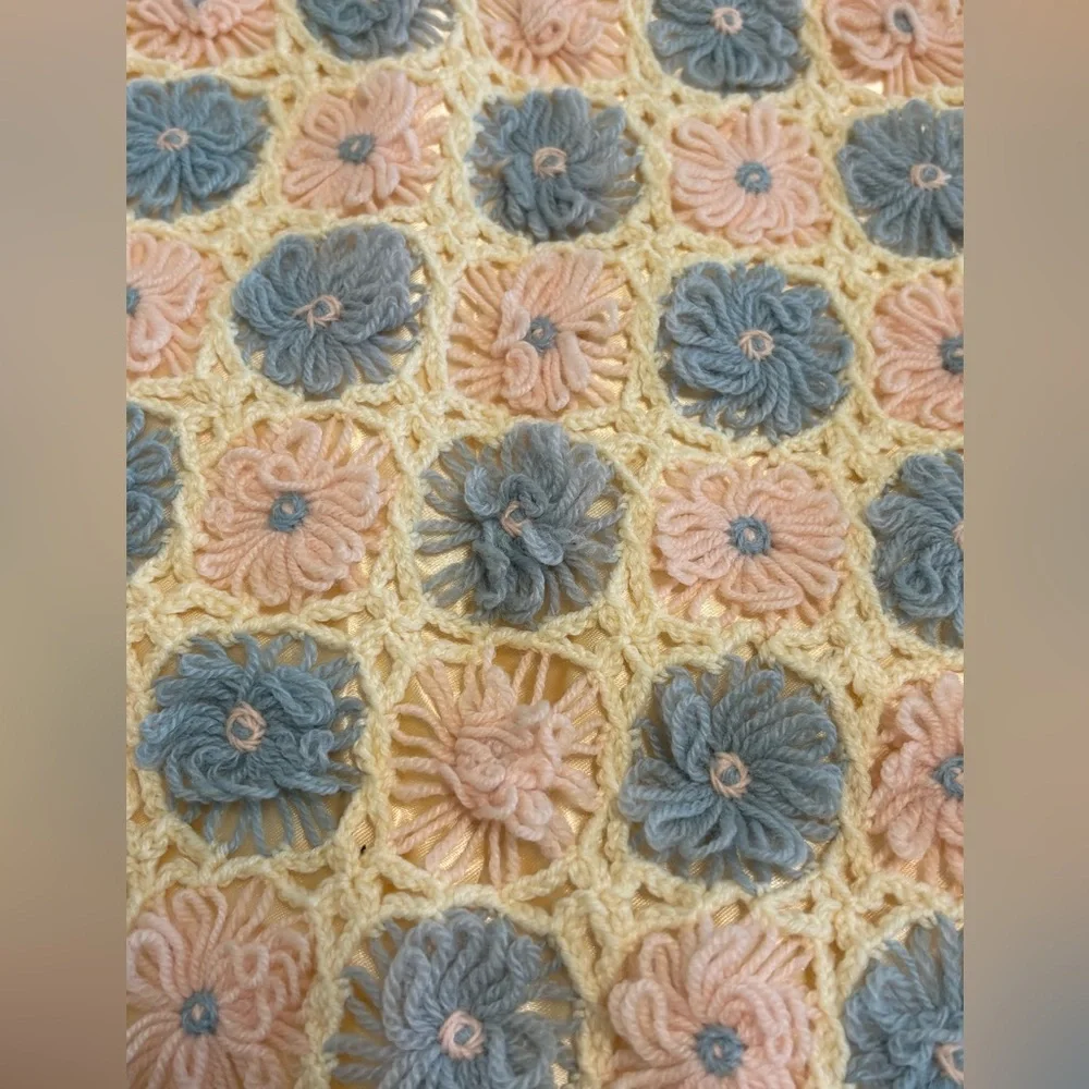 Vintage Hand Made Crochet Baby Blanket 22.5” x 34” Silk trim Pink Blue Rosettes*